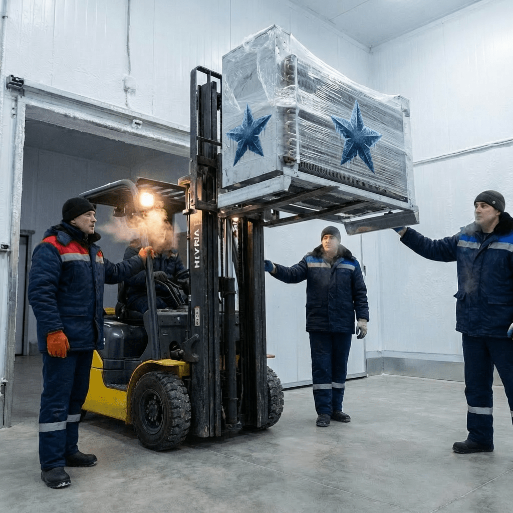 Workers use a forklift to lift a large cooling unit inside a frosty cold storage facility.